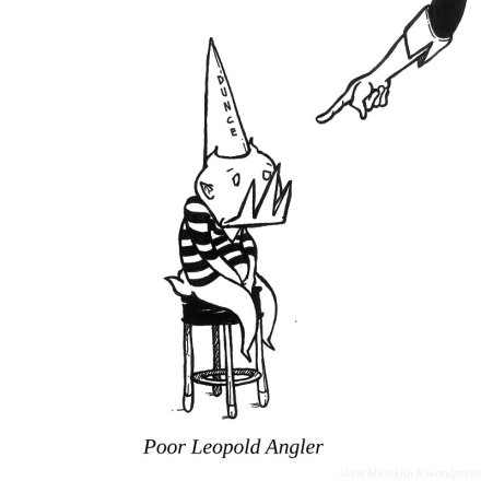 leopold angler boy cartoon character design illustration little boy trouble class school dunce cap suspended detention stool yelling