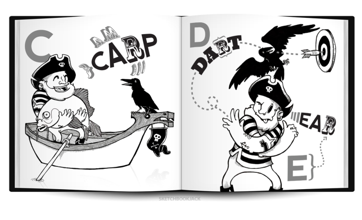 captain crow pirate matey arrr funny humor black and white abc childrens book layout design characters illustration cartoon comic raven letters learning education sketchbookjack art insides anatomy pen and ink bold design funny humorous cartoon comic book layout book mockup book test typography typographic bold strong abcs insides innards carp fish giant dart pub games ear hearing letters