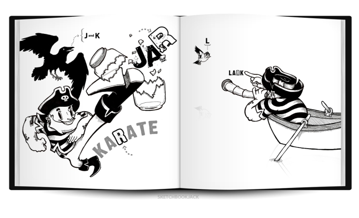 captain crow pirate matey arrr funny humor black and white abc childrens book layout design characters illustration cartoon comic raven letters learning education sketchbookjack art insides anatomy pen and ink bold design funny humorous cartoon comic book layout book mockup book test typography typographic bold strong abcs insides innards carp fish giant dart pub games ear hearing letters jar karate broken glass kicking high kick telescope boat ship rowboat lark bird bird watching