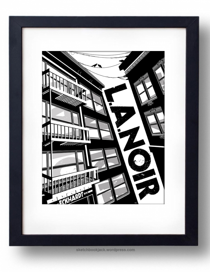 sketchbookjack art city print design illustration los angeles downtown metropolis buildings fire escapes black and white bold noir text font crows power lines style drawing sketch frame california balconies windows architecture