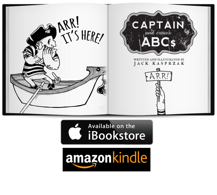 captain and crows abcs childrens picture books education black and white pirate layout design book ebook ibook ipad comedy humor art design typography look style bold sketchbookjack arr letters words game silly hat stripes boat crow bird ink pen itunes kindle amazon fire hd